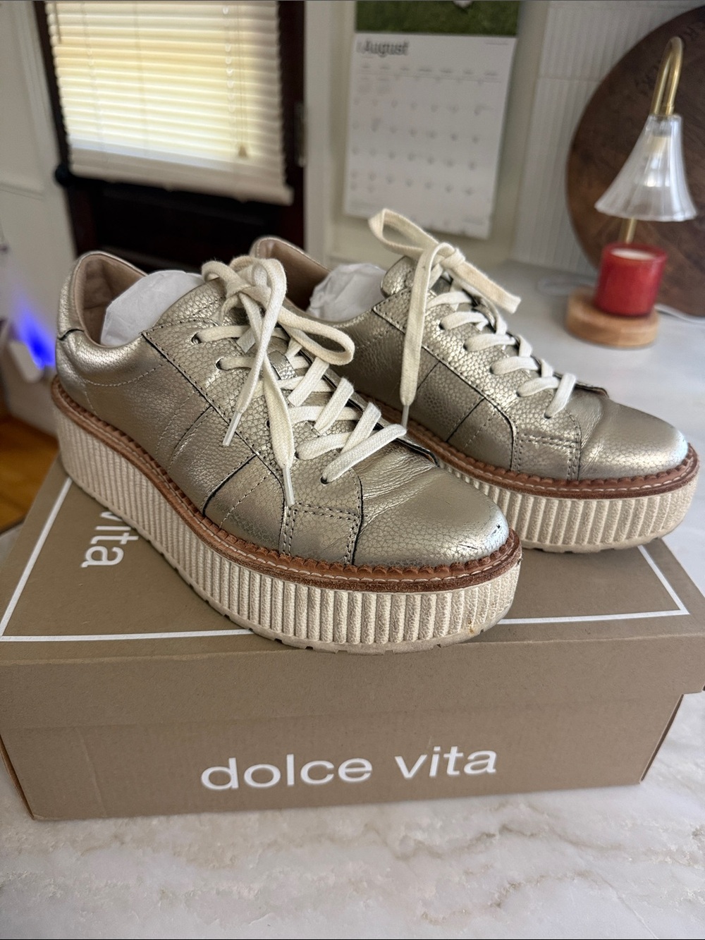 Dolce Vita Tiger Platform Sneakers – Light Gold Leather – Size 7.5